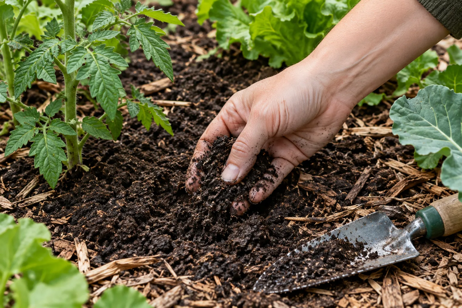 Une main vérifie l’humidité de la terre près de jeunes plants au potager.