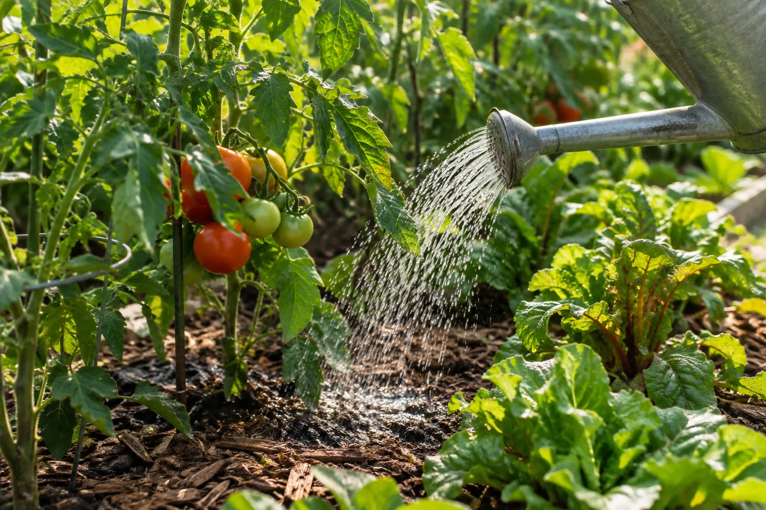 Un arrosage doux au pied des légumes, sur un sol couvert de paillis.