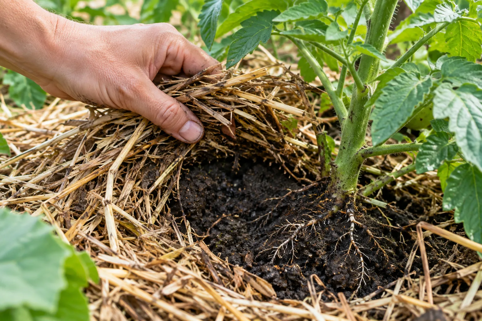 Une main soulève le paillage pour vérifier l’humidité de la terre près d’un plant de légume.