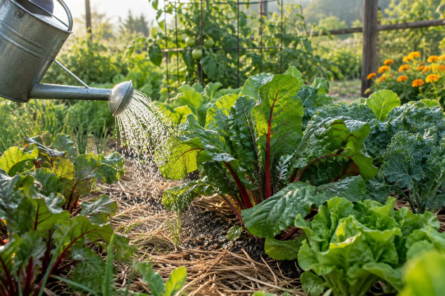 Un arrosage au pied des légumes dans un potager paillé en été.