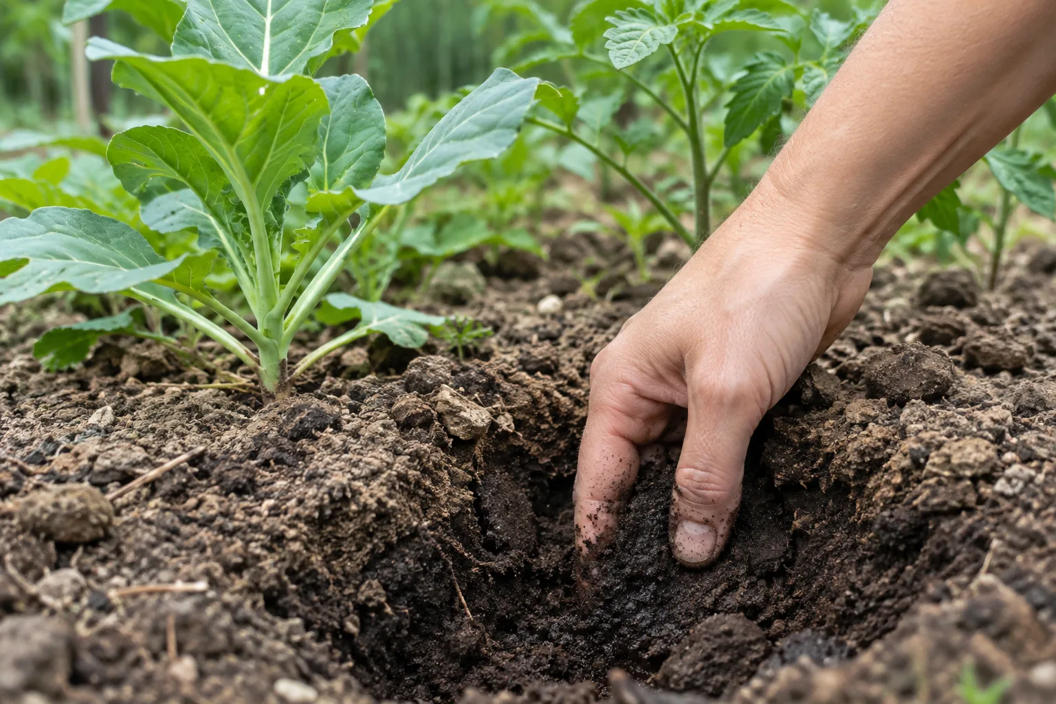 Une main vérifie l’humidité de la terre près de jeunes légumes.