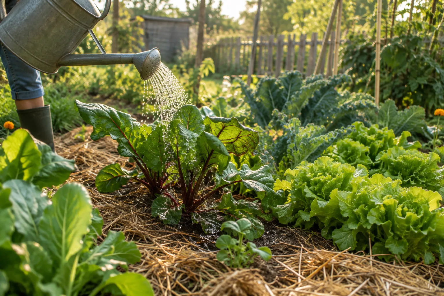 Un potager paillé reçoit un arrosage doux au pied des légumes.