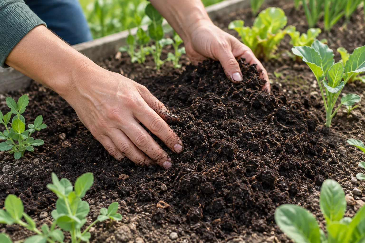 Une fine couche de compost mûr est étalée à la surface d’une planche de potager.