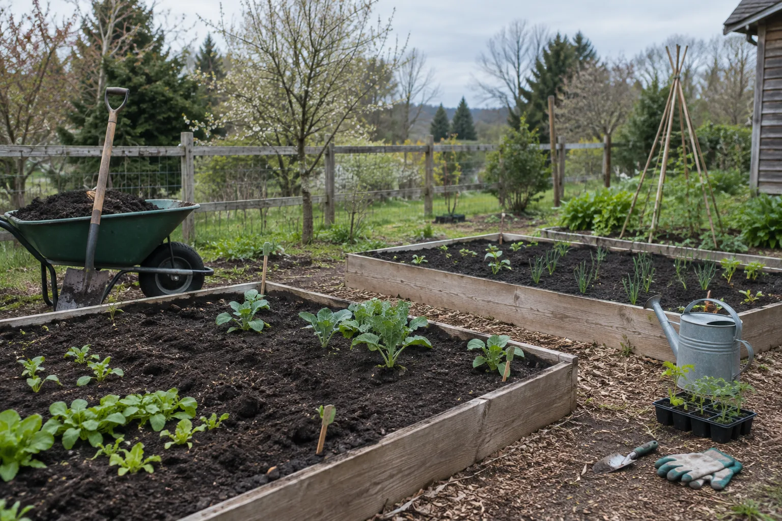 Planches de potager au printemps avec une fine couche de compost et de jeunes pousses.