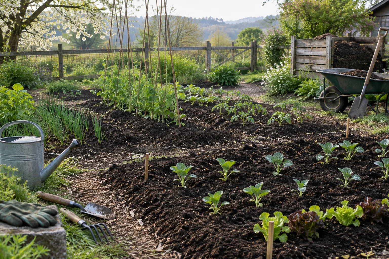 Une main vérifie la terre d’une planche de potager au printemps.