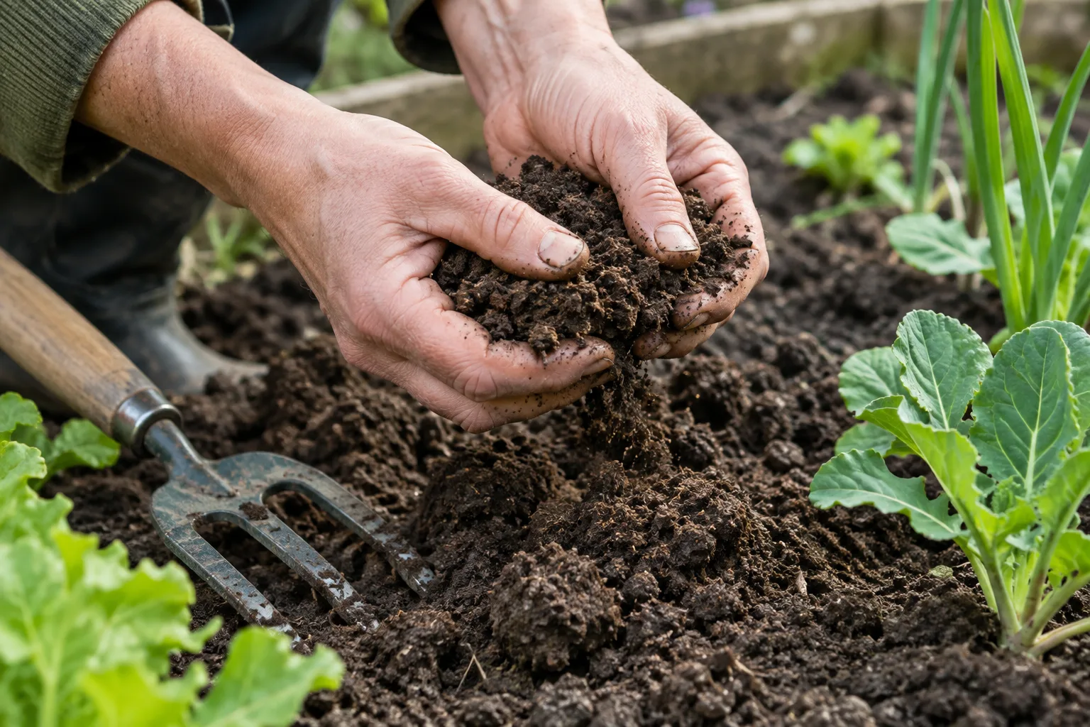 Des mains vérifient la texture d’une poignée de terre près d’un outil de jardinage.