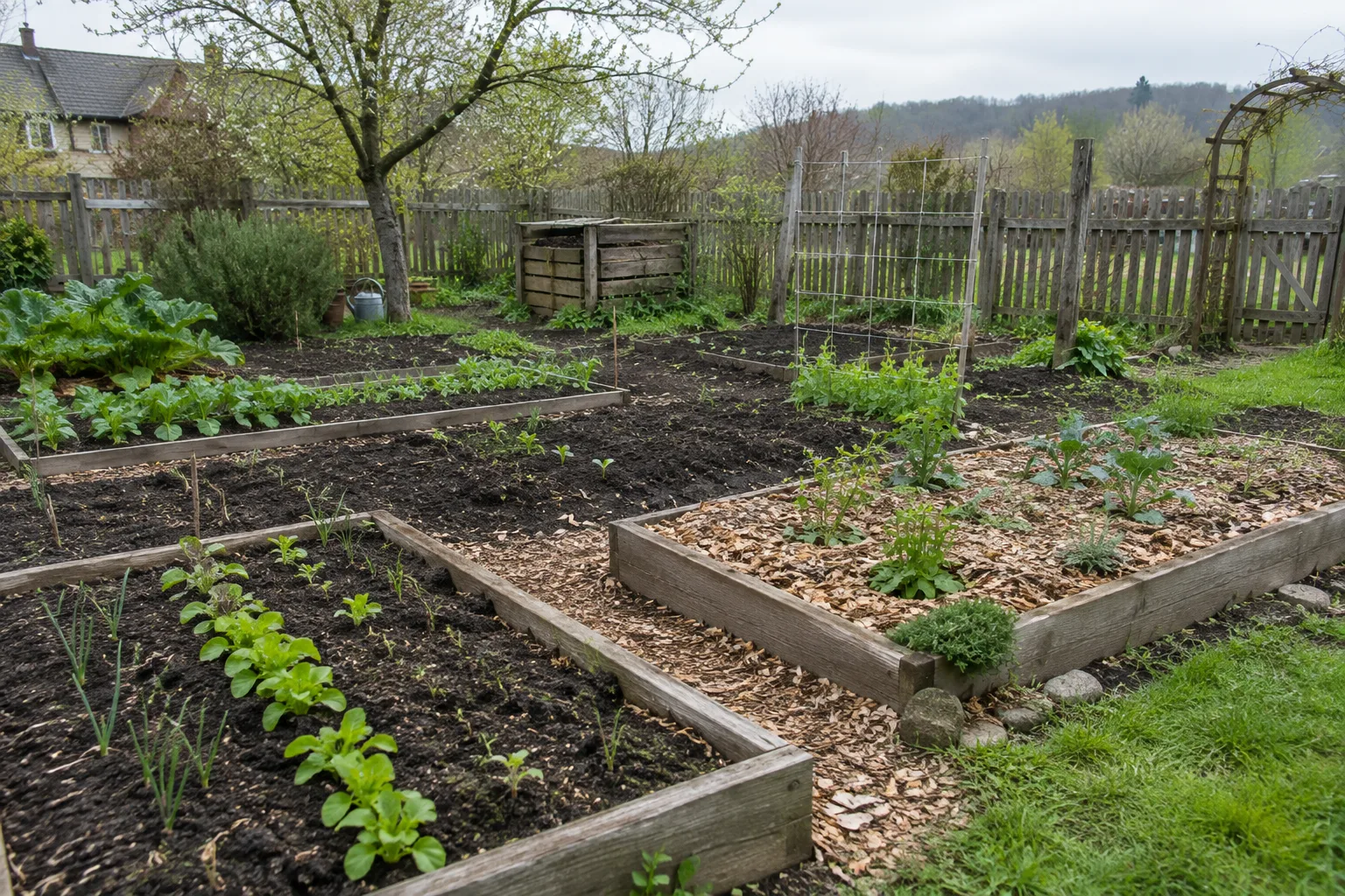 Une main examine une poignée de terre friable dans un potager au début du printemps.