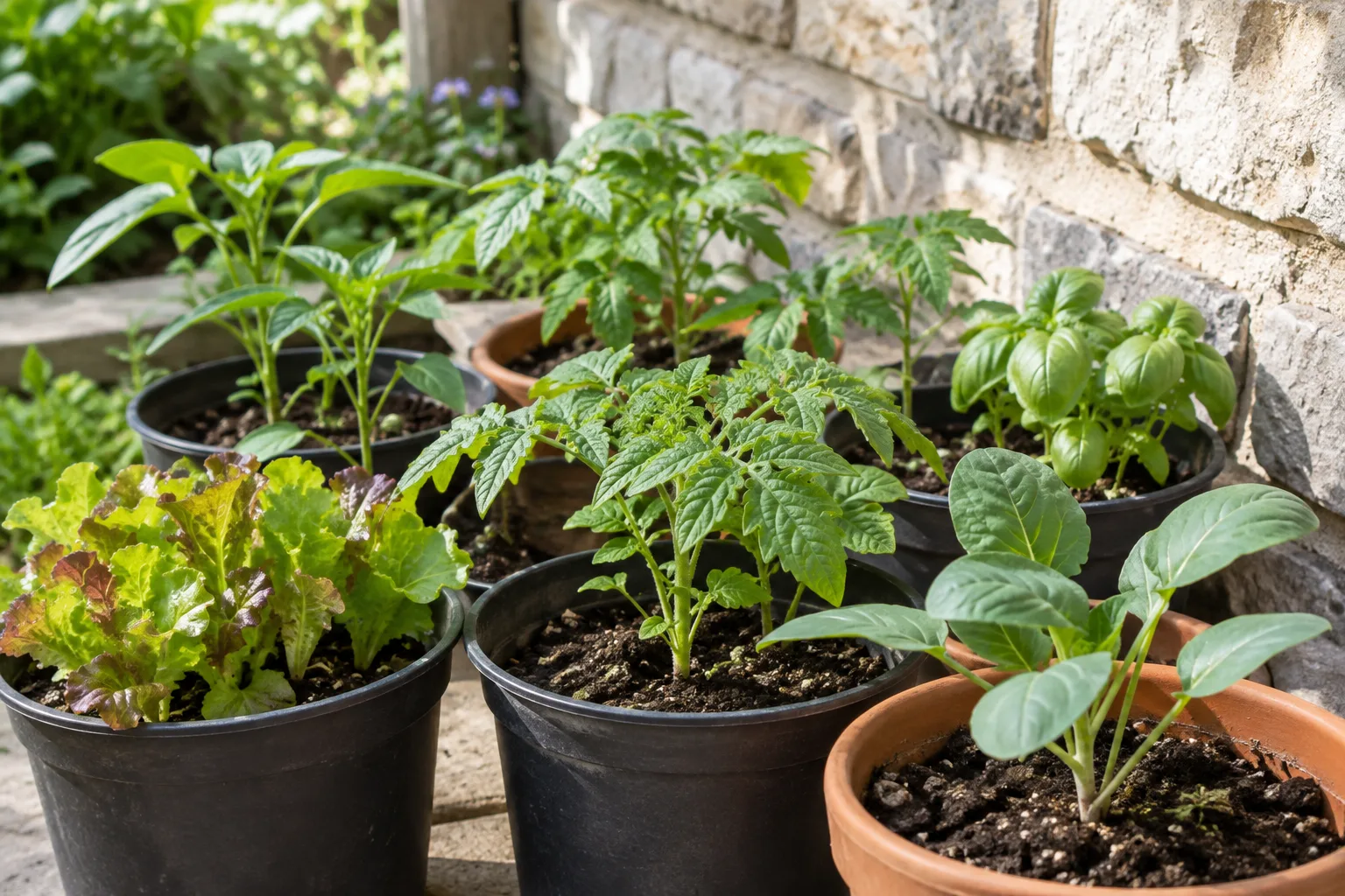 Des plants potagers en godets sont installés à la lumière, à l’abri du vent.