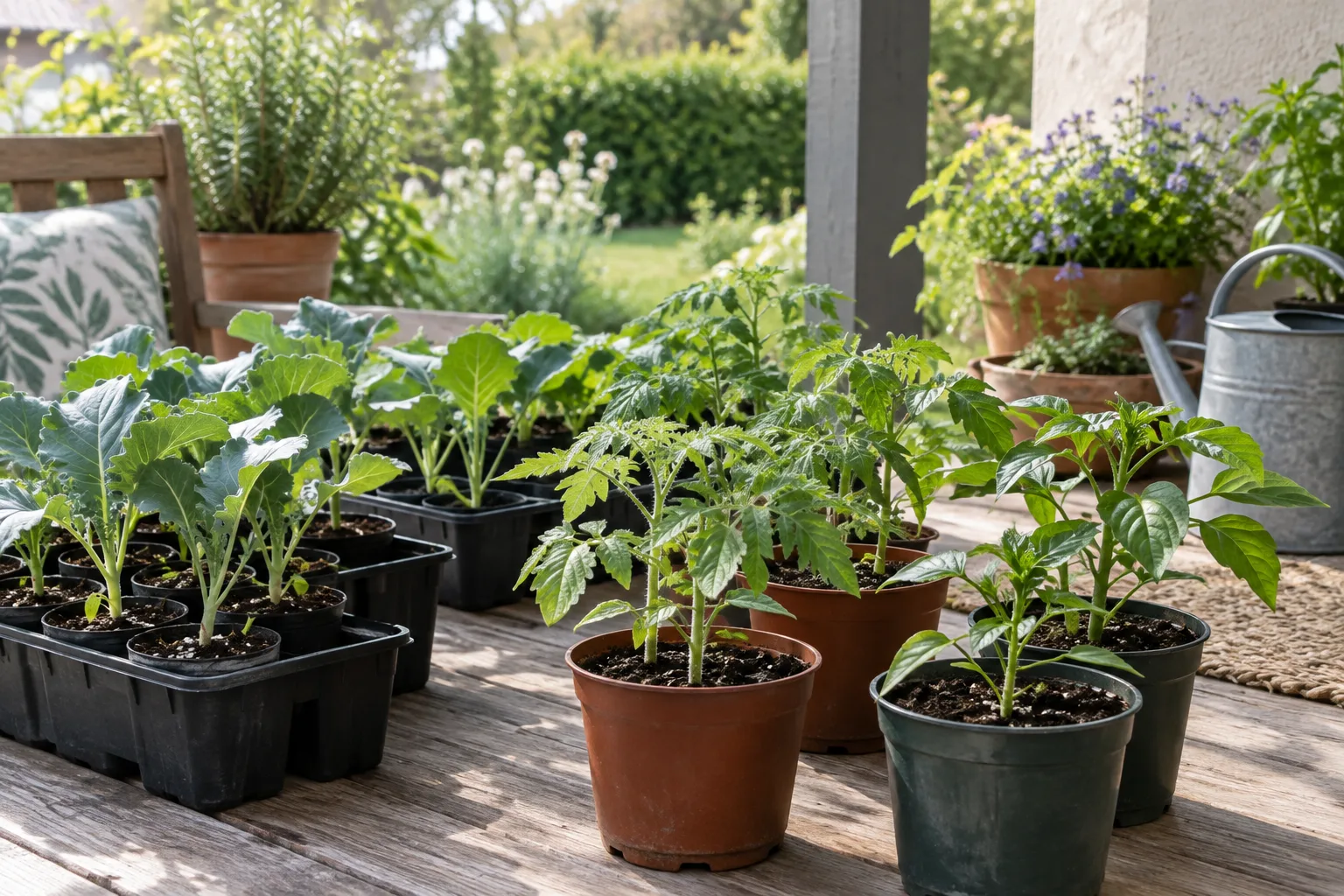 De jeunes plants potagers en godets prennent l’air dans un endroit abrité.