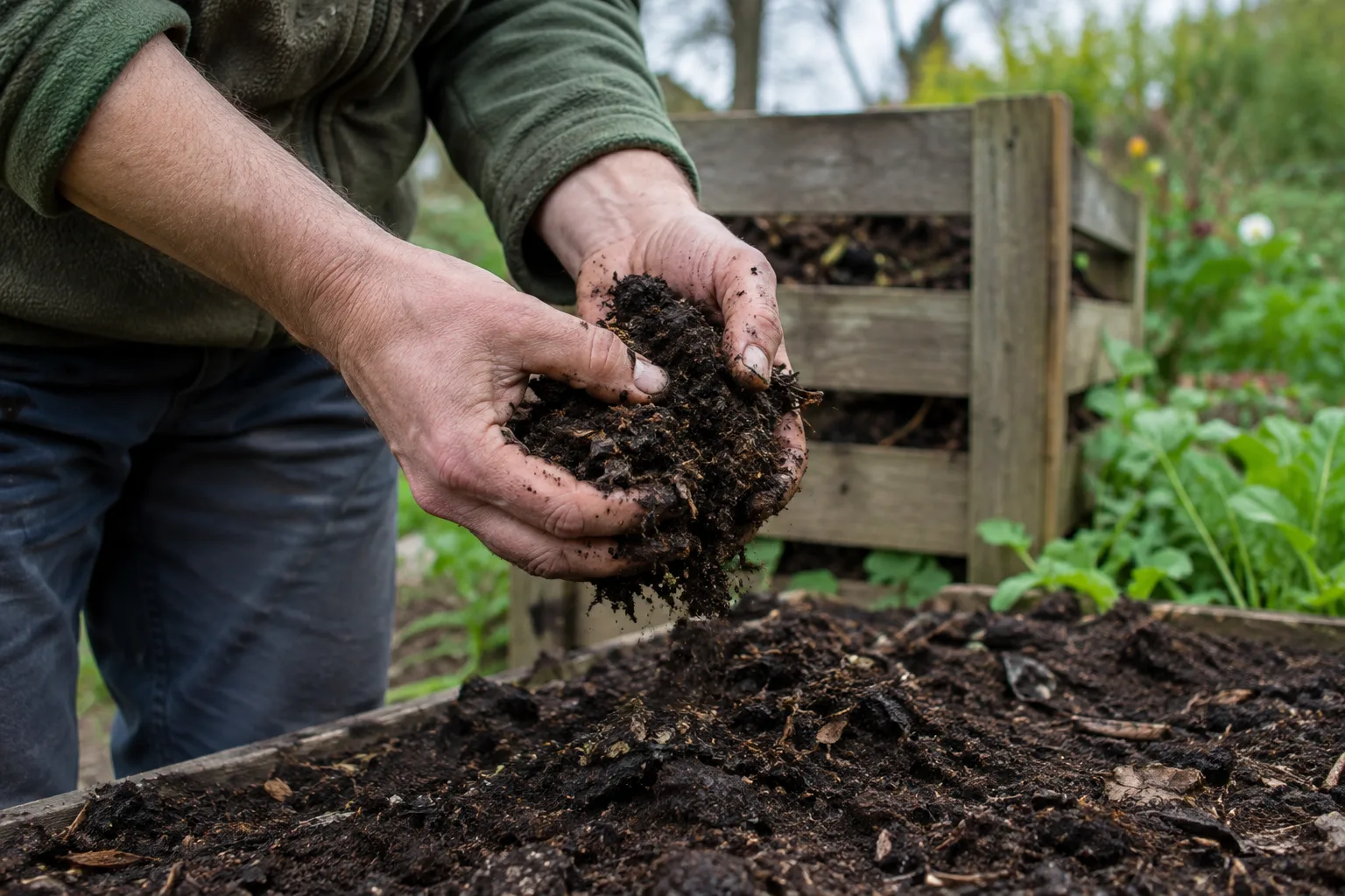 Des mains émiettent du compost mûr au-dessus d’une parcelle de jardin.