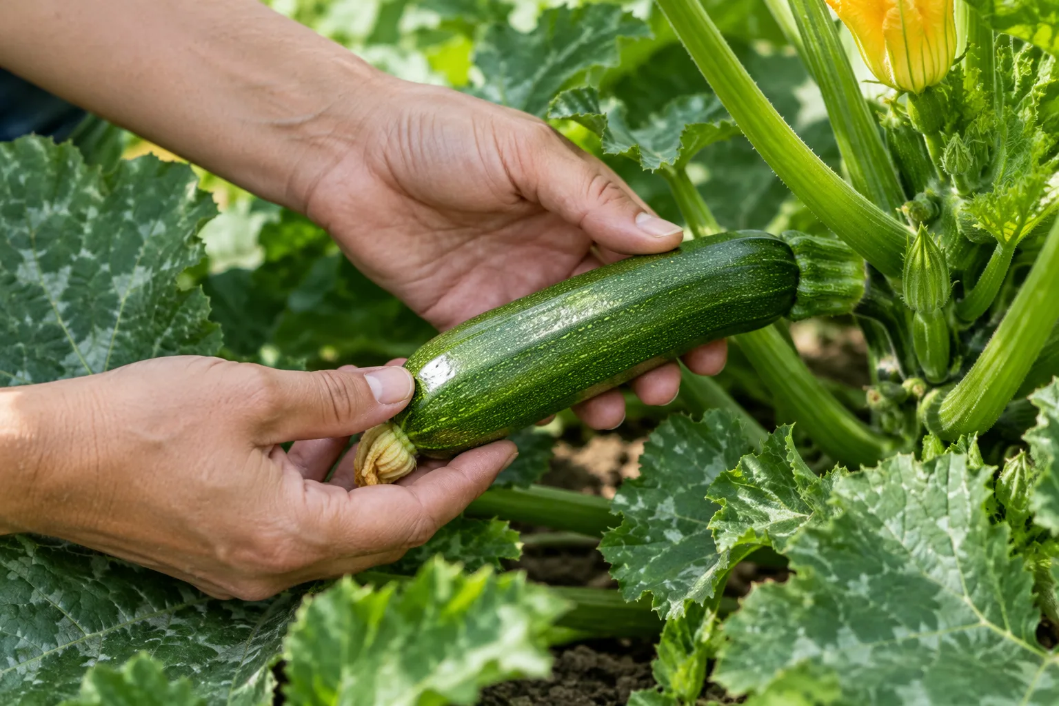Des mains vérifient la taille et la peau brillante d’une courgette encore attachée au plant.