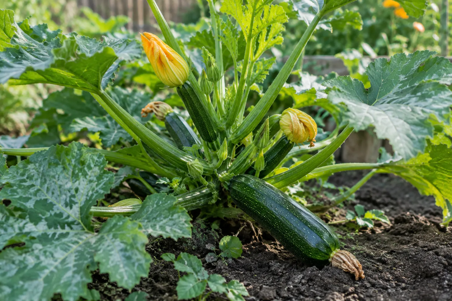 Une courgette jeune et brillante pousse sous les feuilles d’un plant au potager.