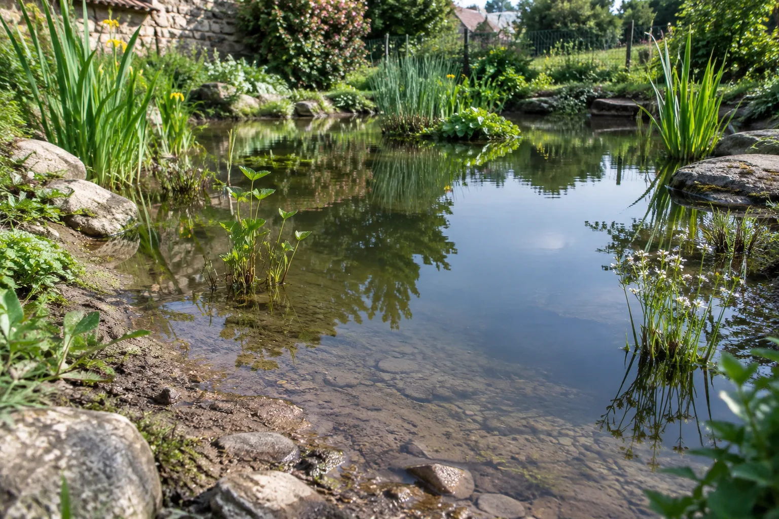 Petite mare naturelle aux berges en pente douce, bordée de quelques plantes aquatiques.