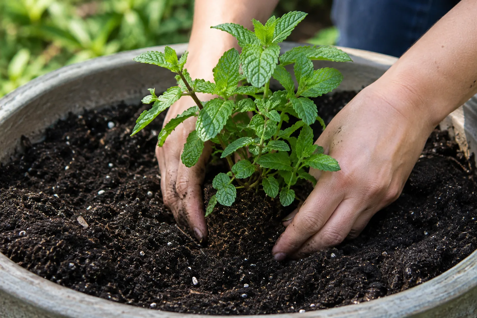 Des mains installent un plant de menthe dans un pot rempli de terreau.