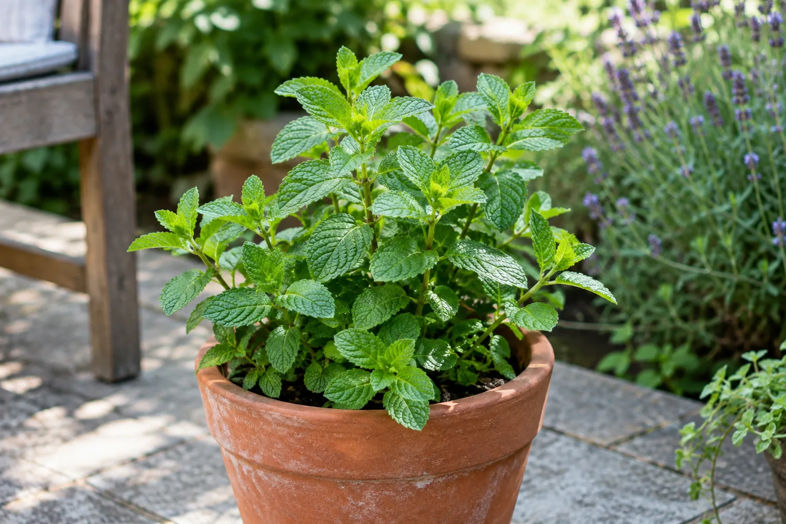 Un jeune plant de menthe installé dans un pot rempli de substrat.