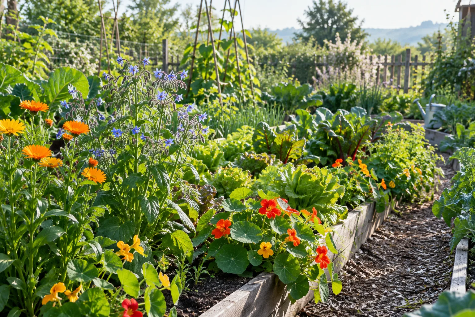 Soucis et jeunes légumes réunis dans une planche de potager au printemps.