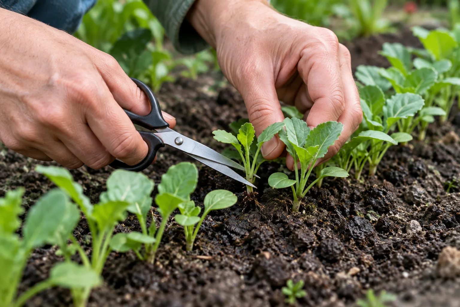 Une main coupe délicatement une jeune pousse en trop près d’un plant conservé.