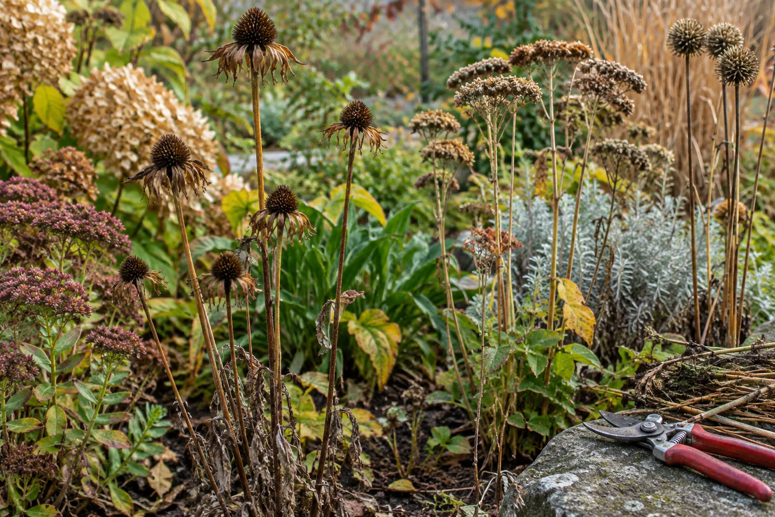 Tiges sèches de vivaces conservées à différentes hauteurs dans un massif d’automne.