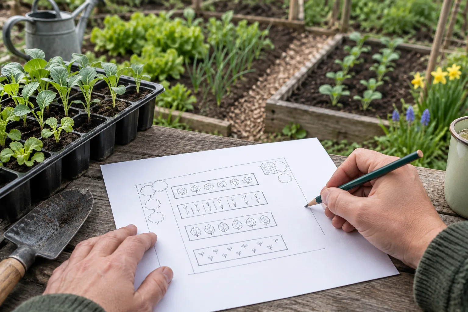 Des mains dessinent les zones d’un potager sur une feuille, près de jeunes plants.