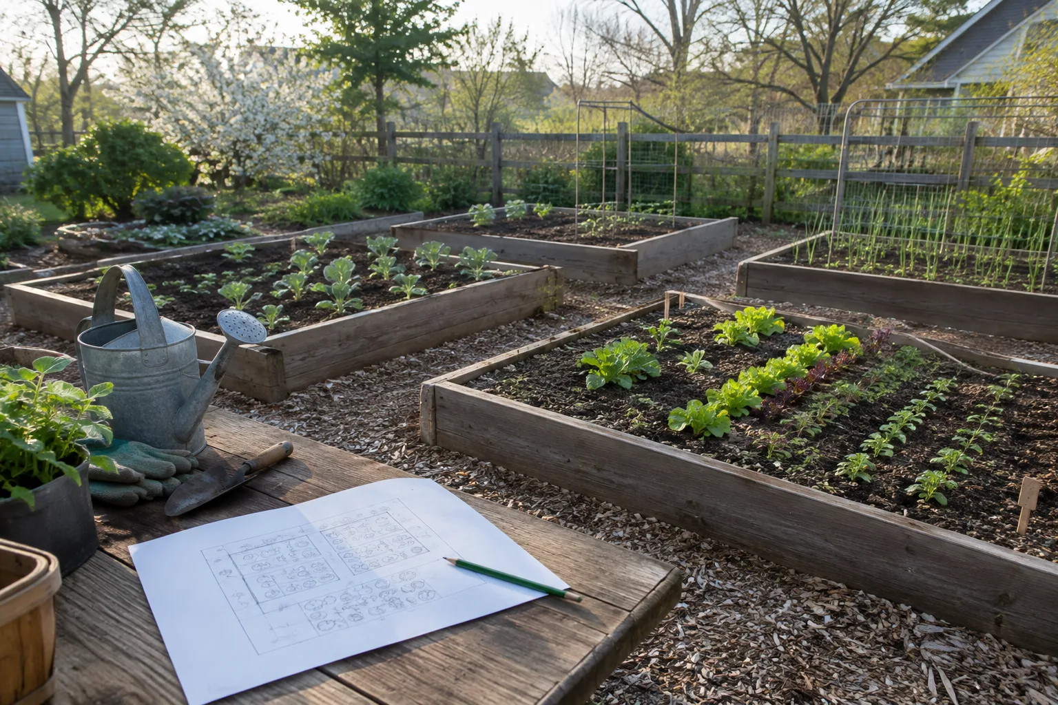 Planches de potager au printemps, avec de jeunes plants et un plan de culture posé à proximité.