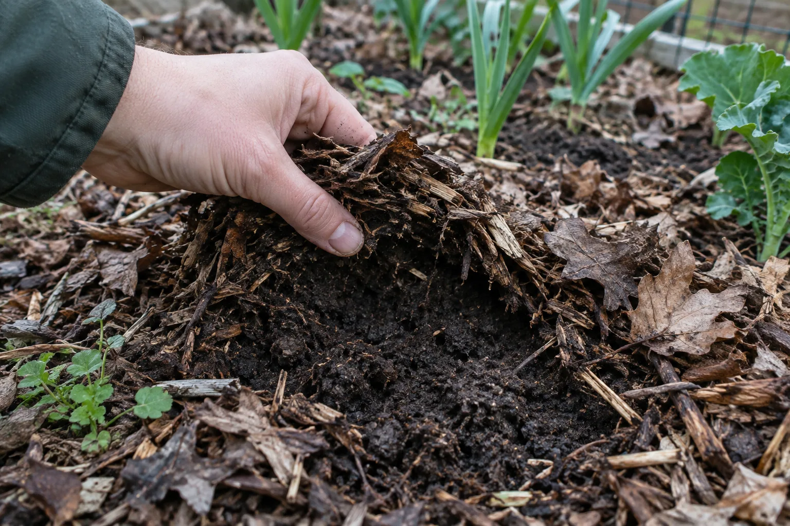 Une main soulève le paillis pour vérifier l’humidité et l’état de la terre.