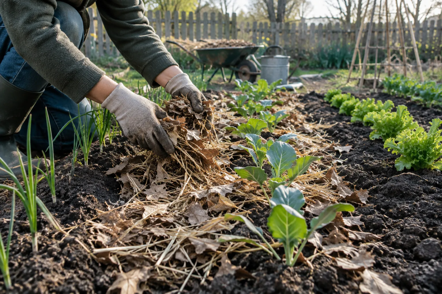 Une fine couche de feuilles et de paille est étalée entre de jeunes plants au potager.