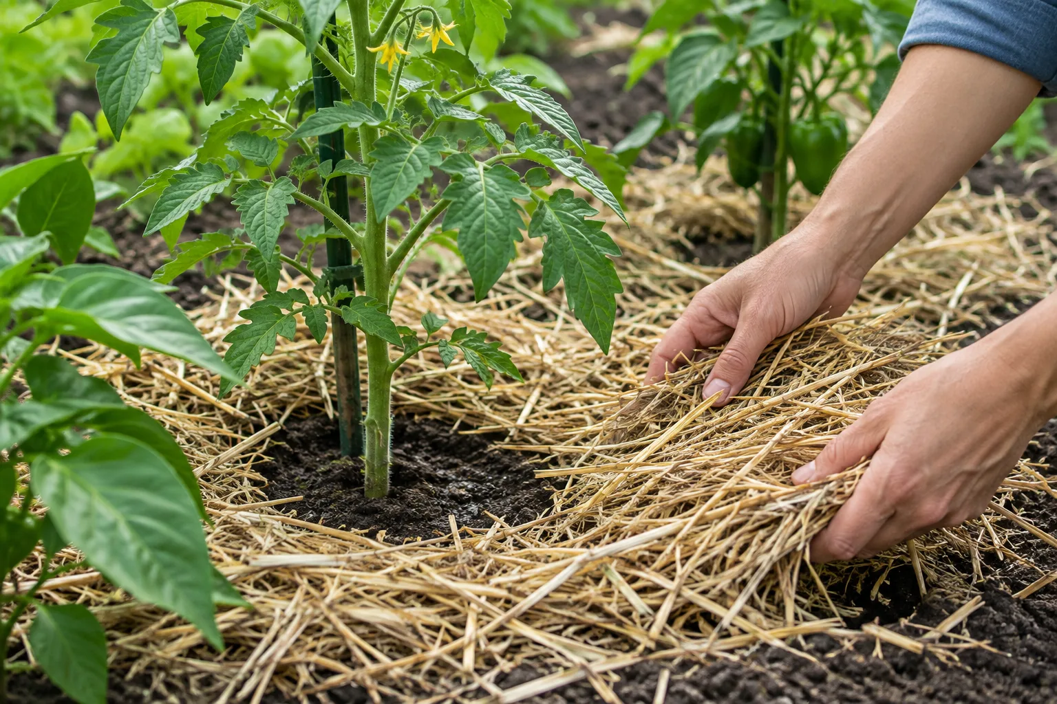 De la paille est étalée autour de plants de légumes en laissant la base des tiges dégagée.