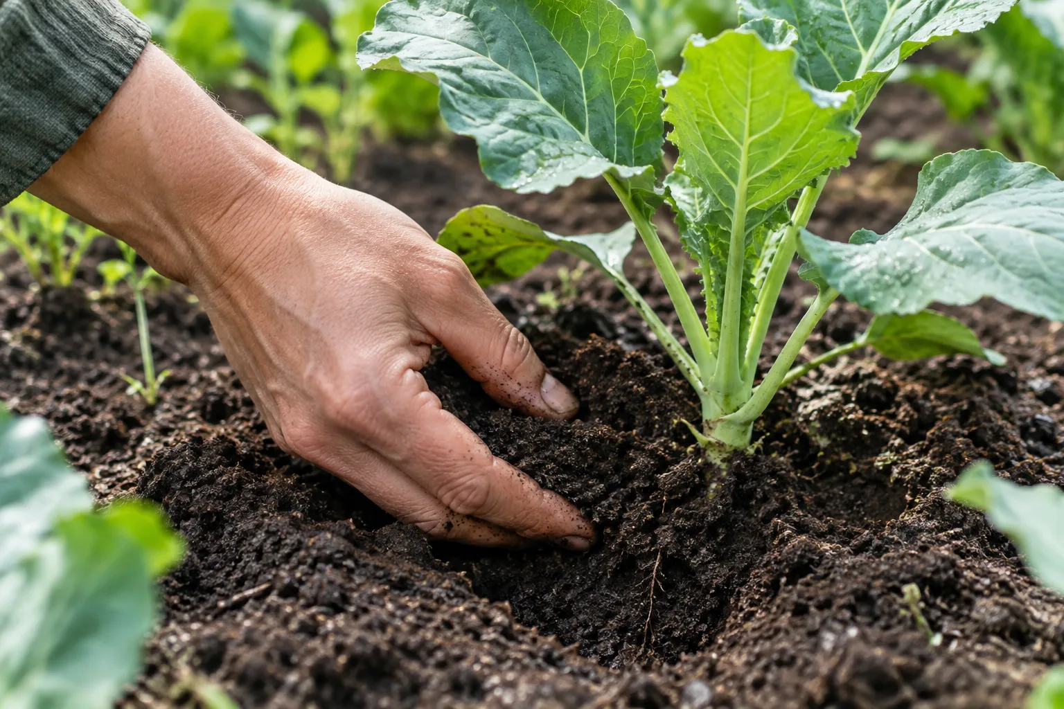 Une main vérifie l’humidité de la terre au pied d’un jeune plant.