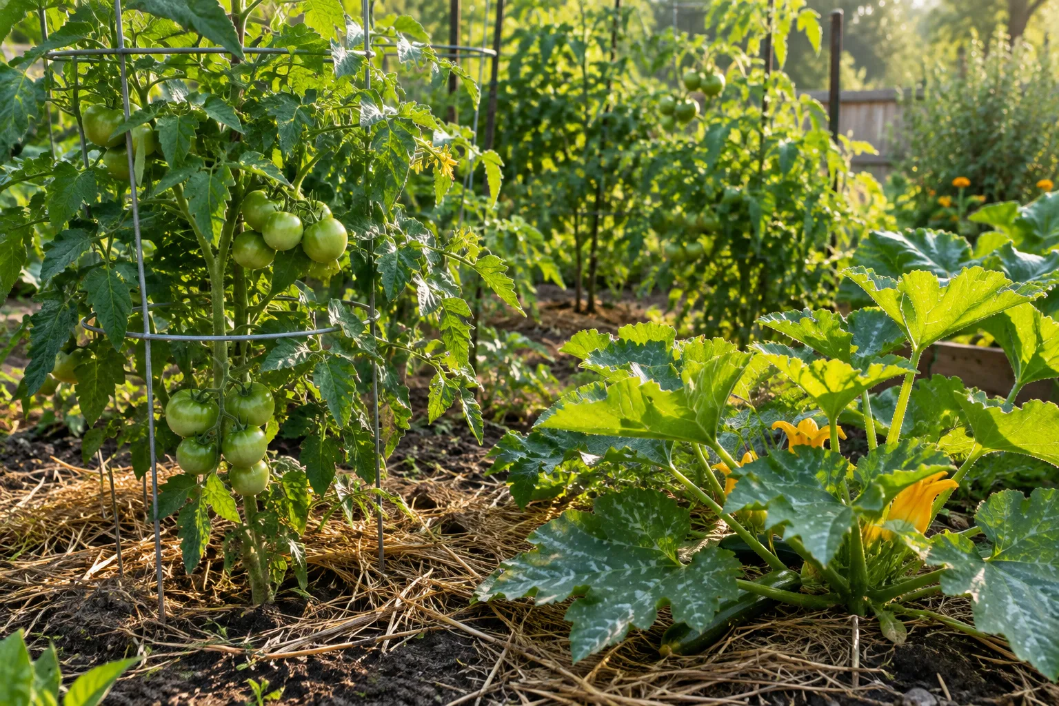 Un paillage de paille protège la terre autour de plants de légumes dans un potager en été.