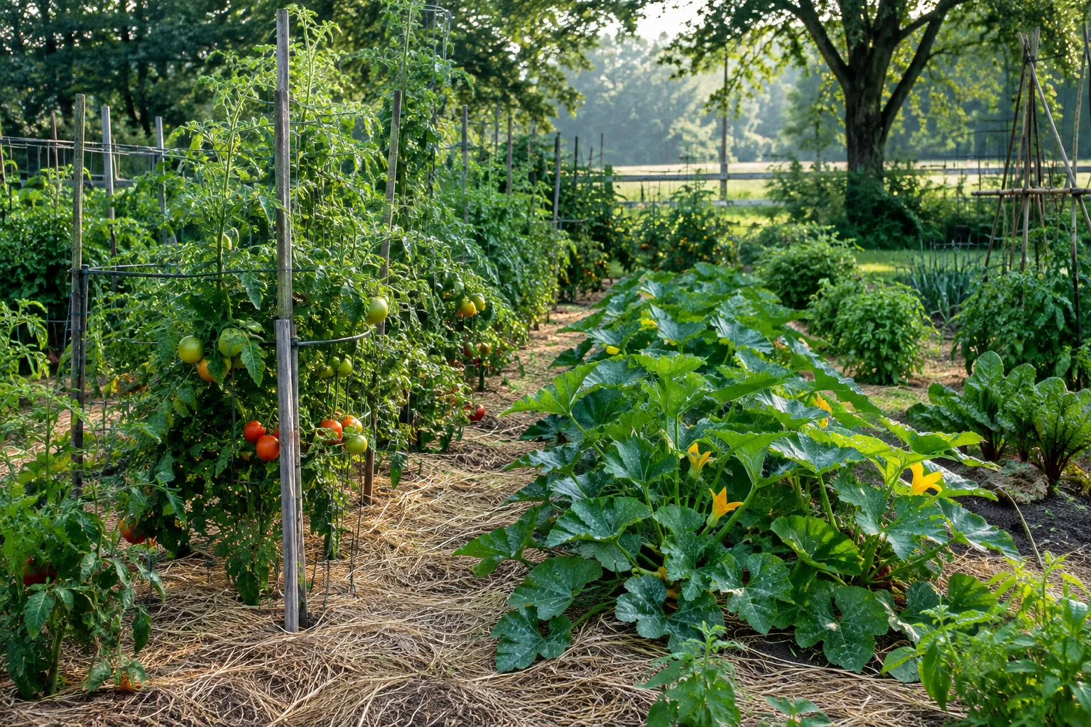 Paillage de paille autour de légumes dans un potager en début d’été.