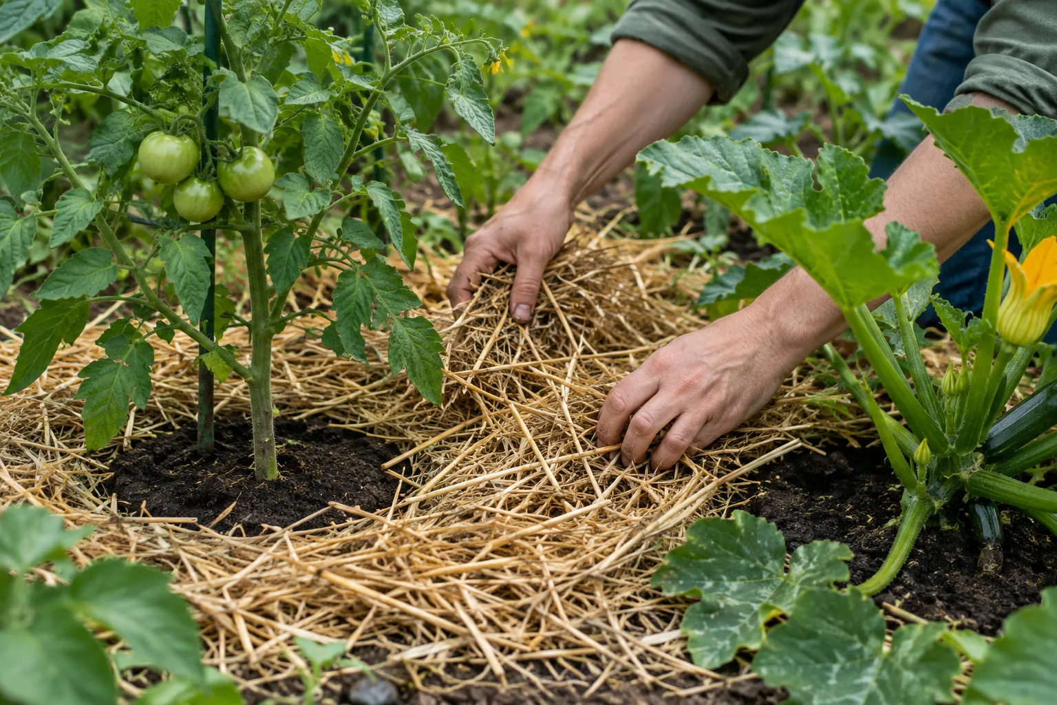 Une fine couche de paille est étalée entre des plants de légumes en laissant les tiges dégagées.