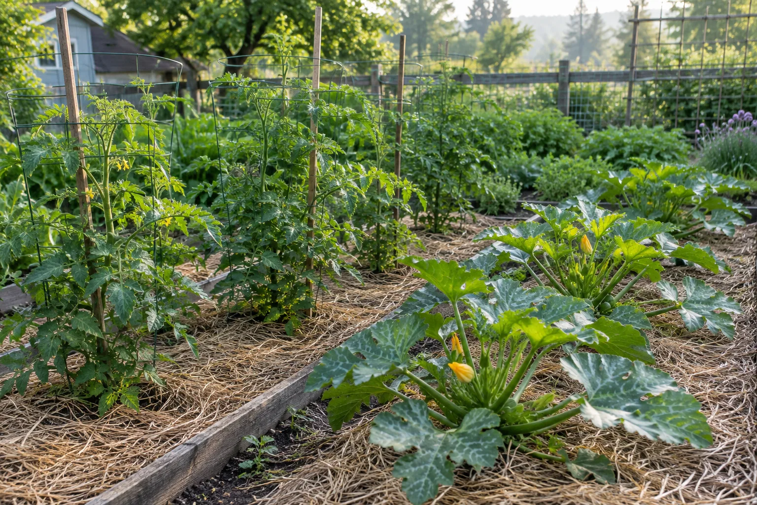 Jeunes plants de légumes installés dans une planche de potager partiellement paillée.