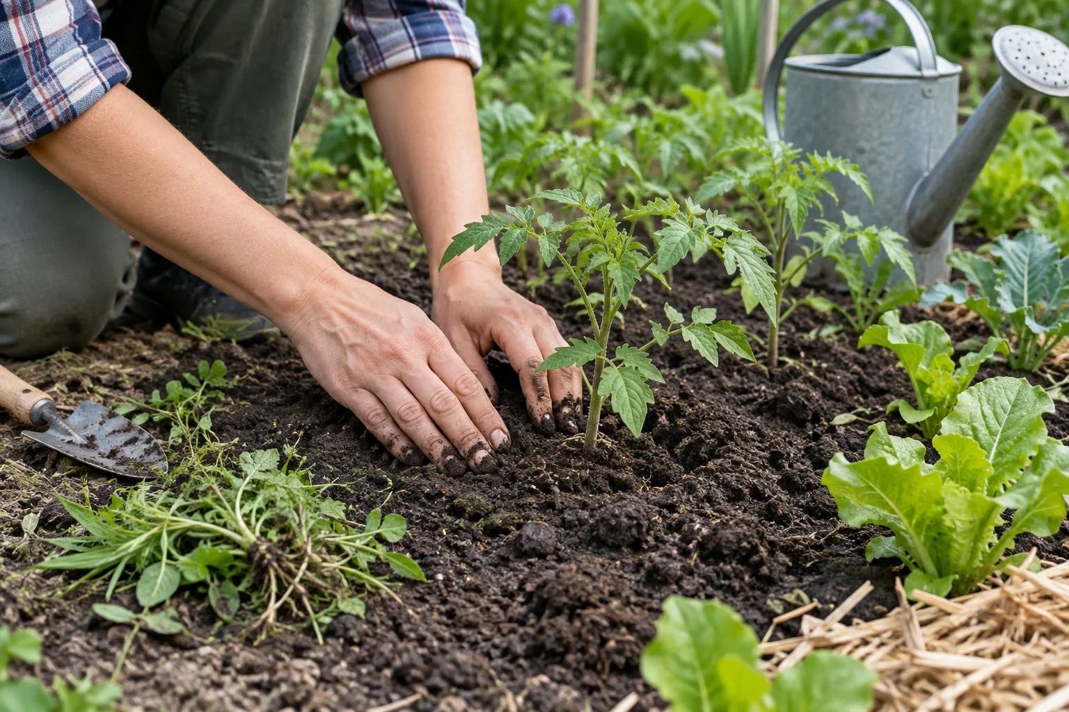 Des mains vérifient l’humidité de la terre près de jeunes plants avant la pose du paillage.