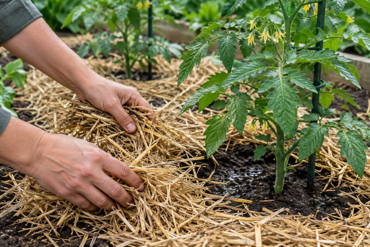Des mains étalent de la paille autour de plants de tomates dans une terre fraîchement arrosée.