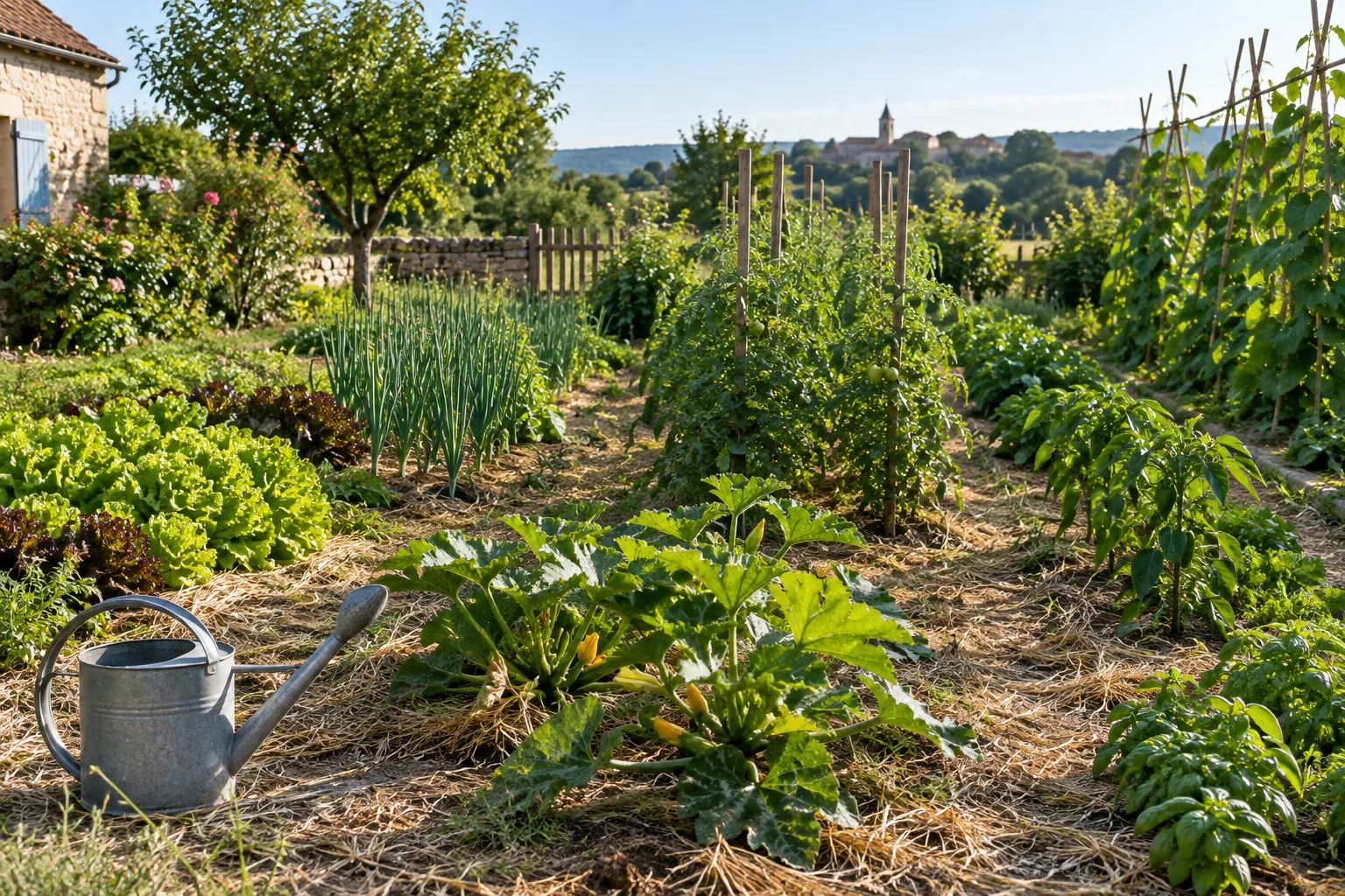 Rang de légumes couvert d’un paillage léger dans un potager en début d’été.