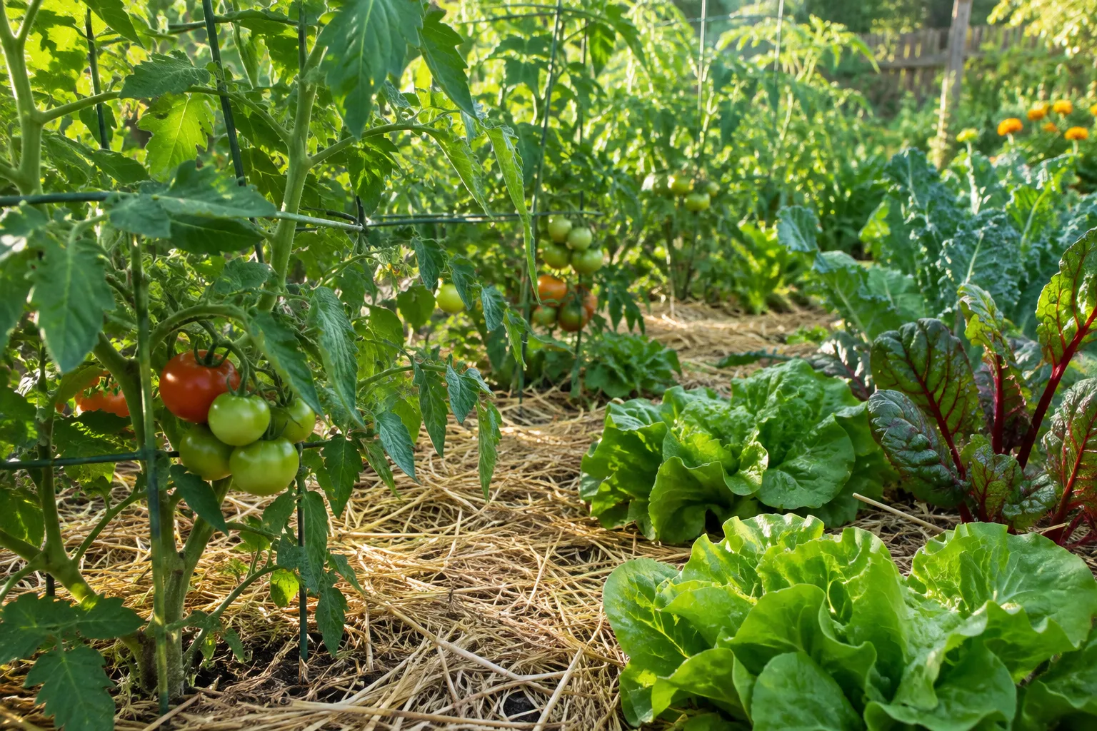 Des légumes du potager poussent dans une terre couverte d’une couche de paille.