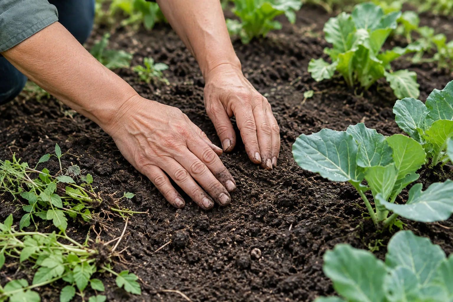 Des mains observent la terre humide près de jeunes plants avant la pose du paillis.