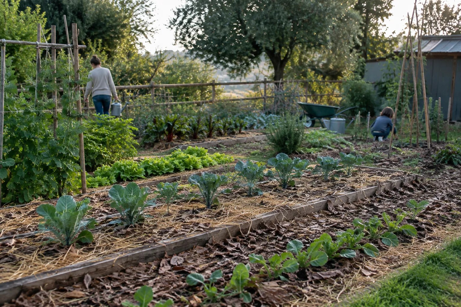 Des rangs de légumes au potager protégés par une couche légère de paillis.