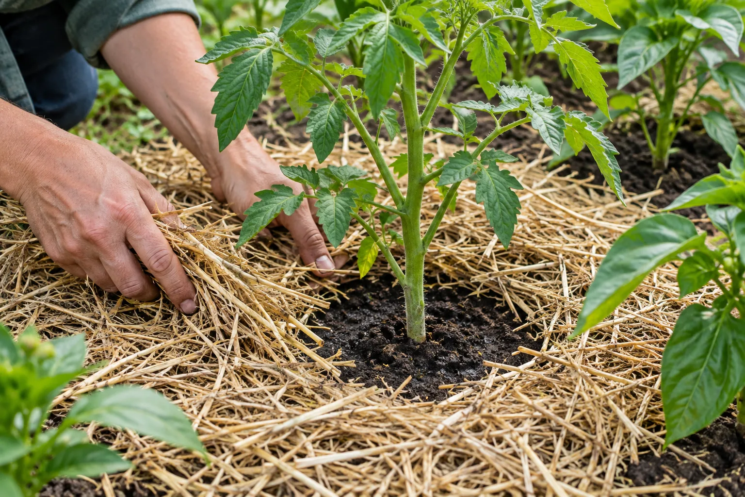 Des mains étalent de la paille autour de plants de légumes en laissant leurs tiges dégagées.