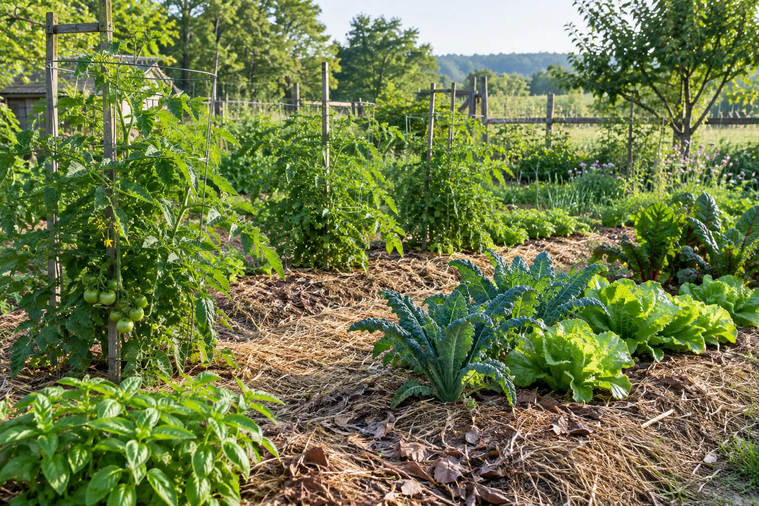 Planches de légumes du potager couvertes de paille et de feuilles sèches au début de l’été.
