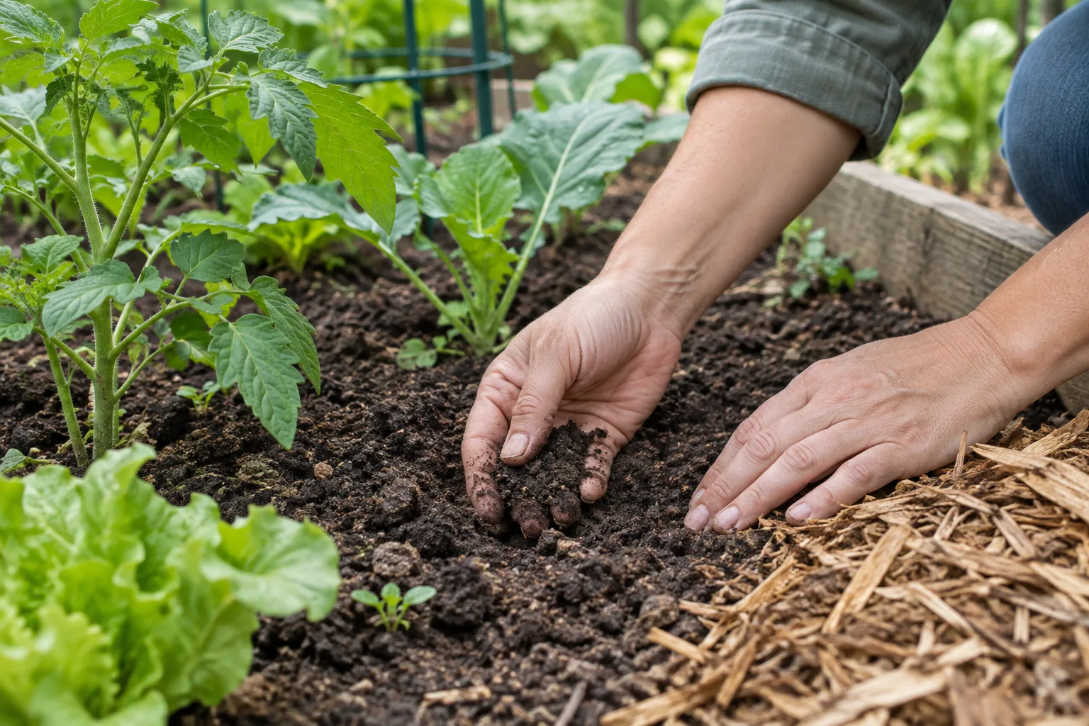 Des mains vérifient la terre près de jeunes plants avant la pose du paillage.