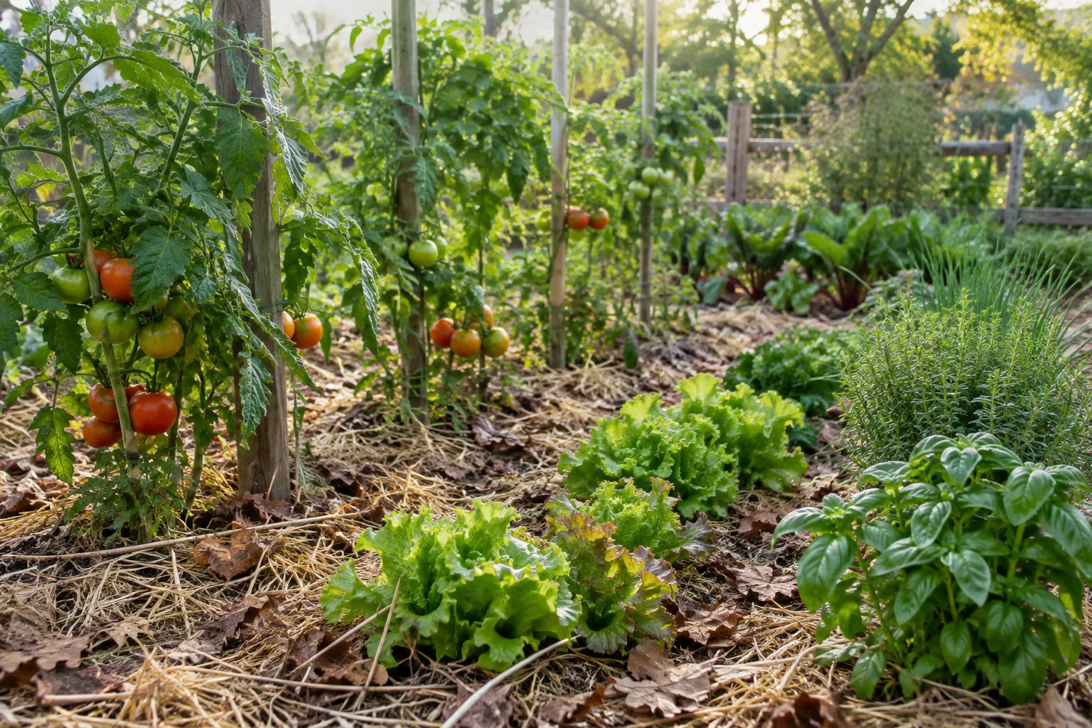 Un potager de légumes et d’aromatiques protégé par une fine couche de paillage.