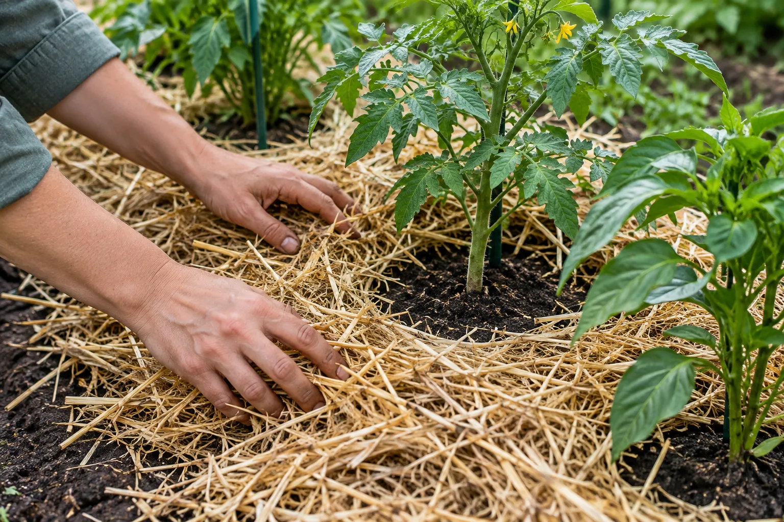 Des mains étalent une fine couche de paille autour de plants de légumes, sans couvrir leurs tiges.