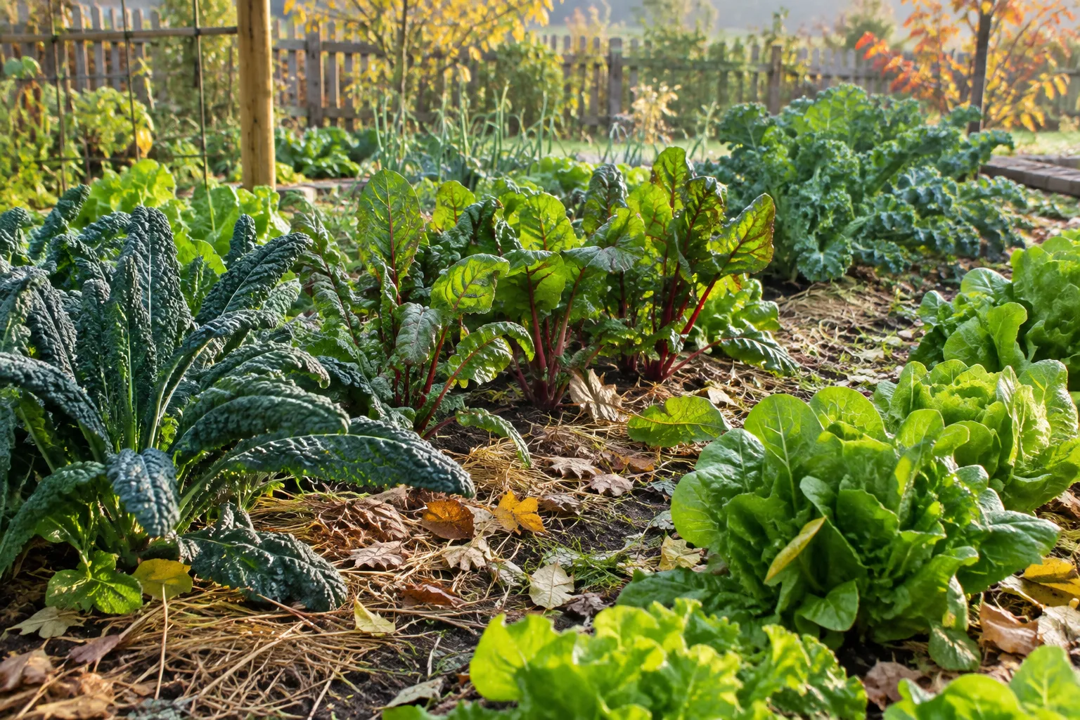 Des rangs de légumes entourés d’une couche légère de paille qui protège la terre.