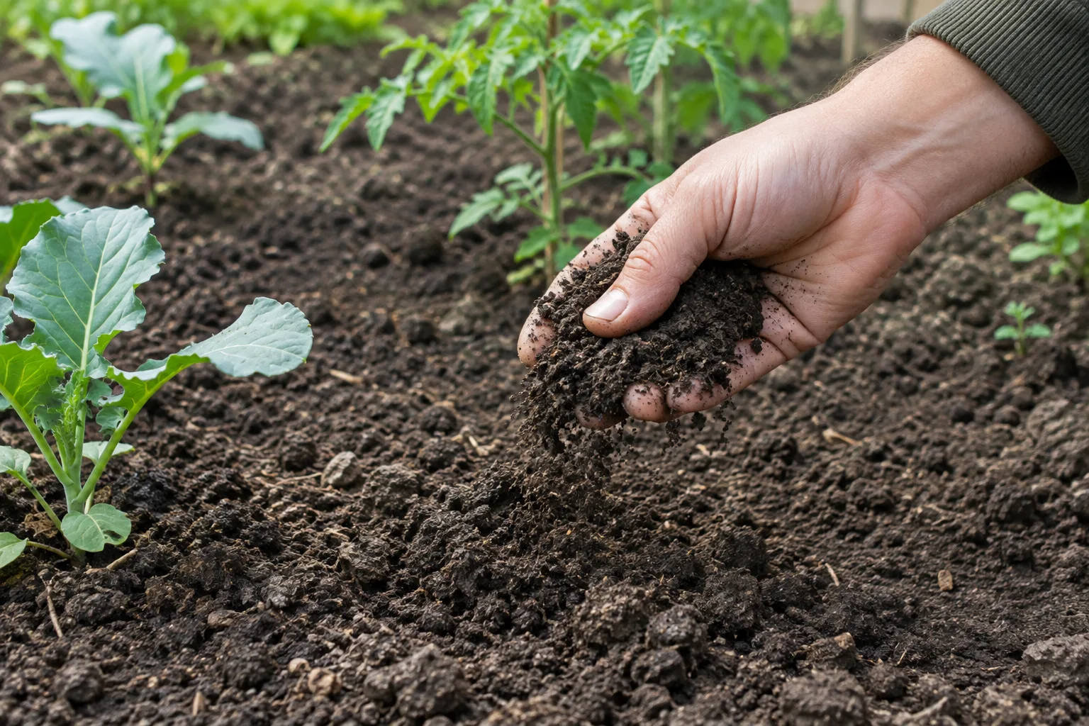 Une main émiette de la terre pour en vérifier l’humidité avant de pailler.