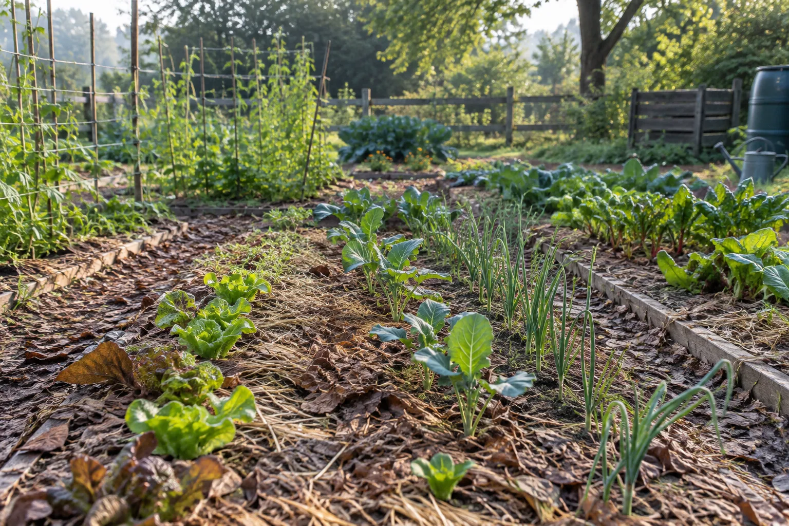 Planches de potager paillées de feuilles et de paille autour de jeunes légumes.