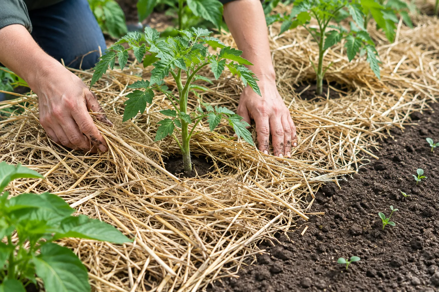 Des mains étalent une couche légère de paille autour de plants de légumes, en laissant les tiges dégagées.