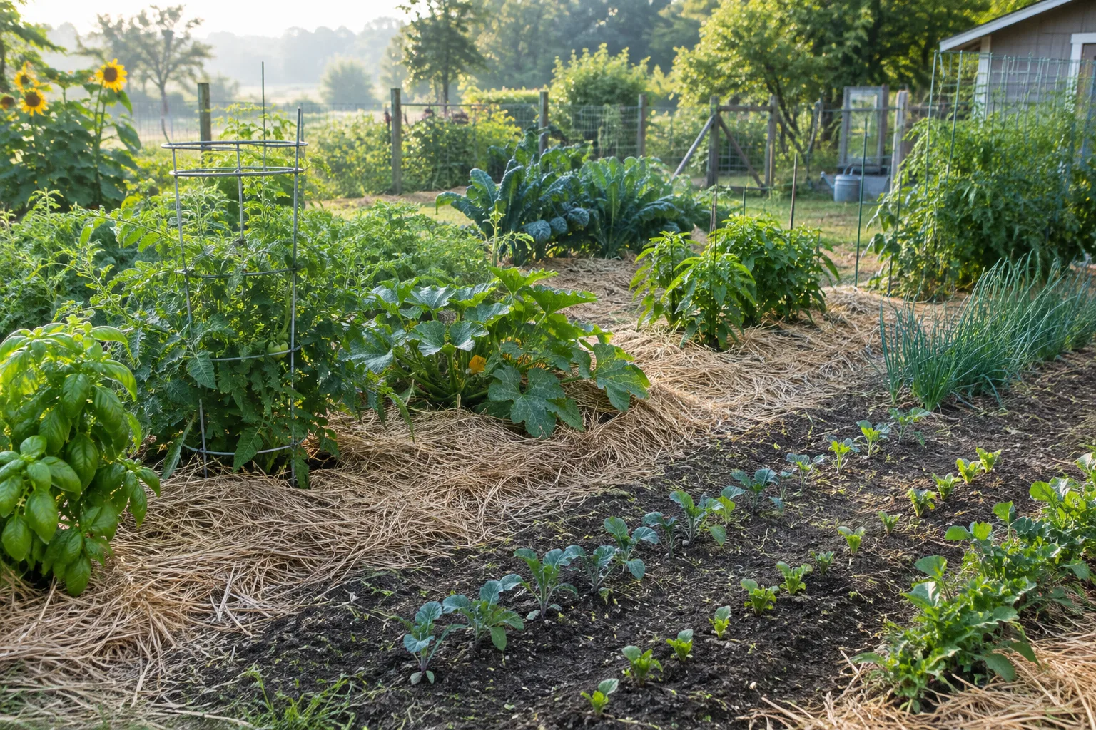 Un paillage aéré autour de légumes installés, avec de jeunes semis laissés à découvert.