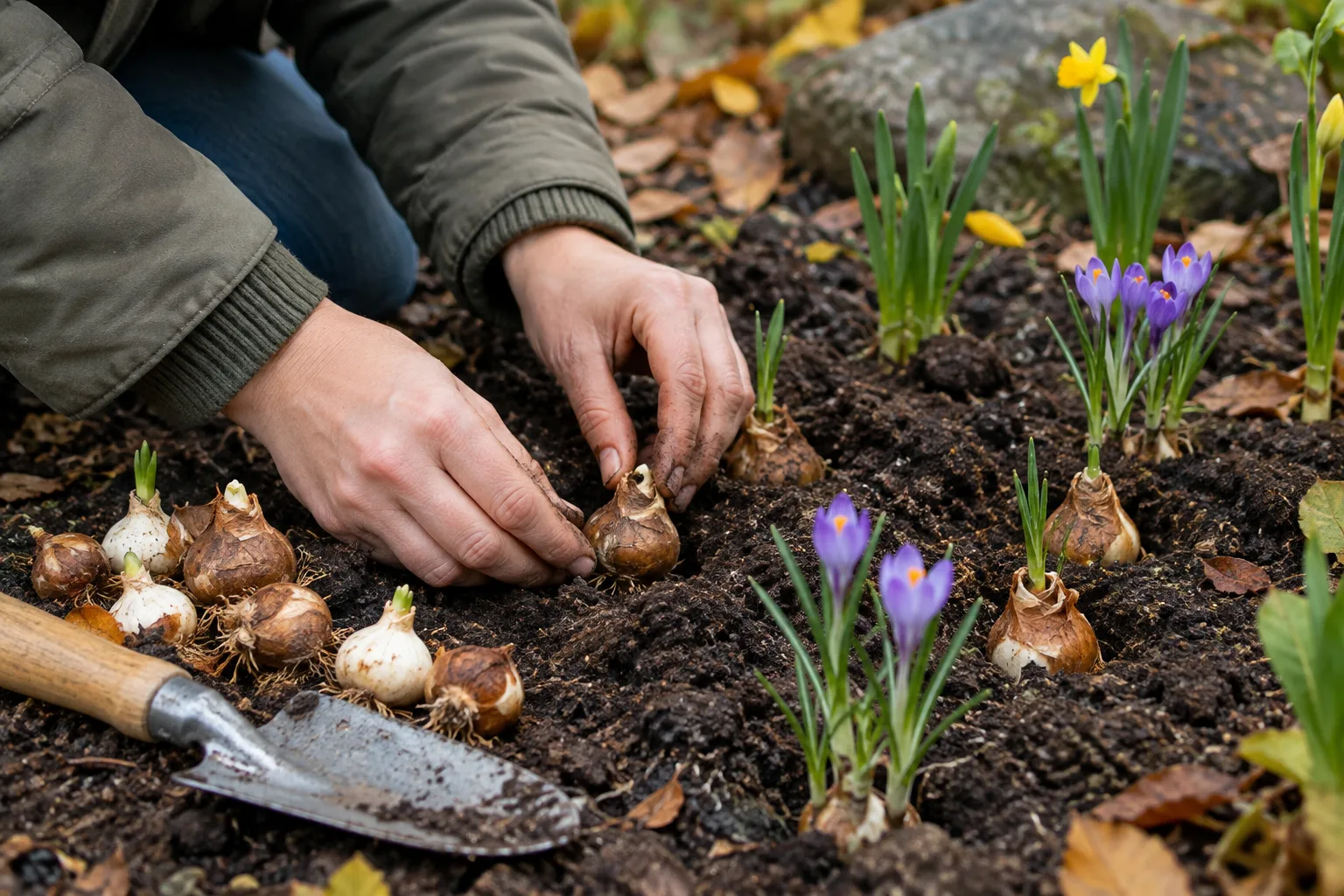 Des bulbes de printemps disposés sur la terre avant leur plantation dans un massif.