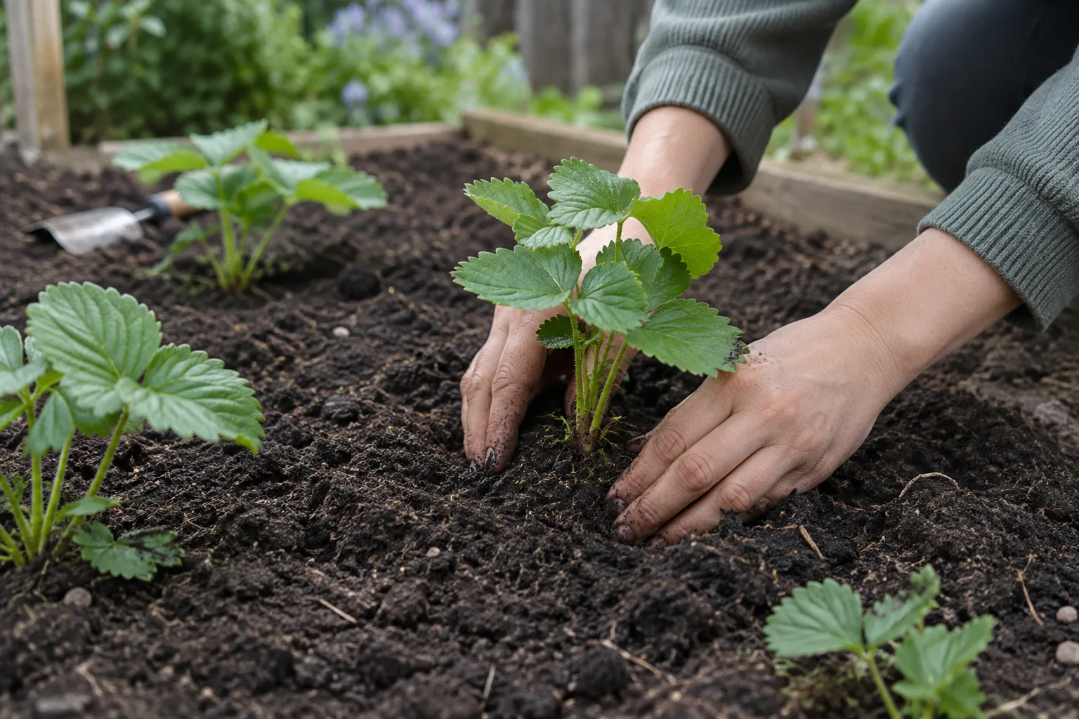 Jeune fraisier installé dans une parcelle de terre meuble au jardin.